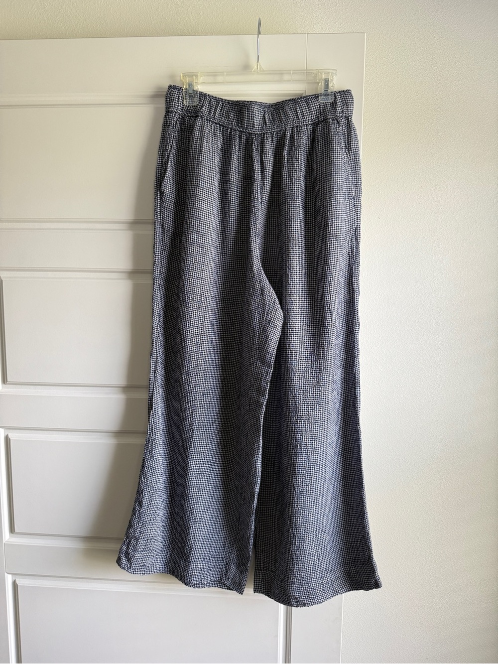 Navy Blue Gingham Linen Blend Wide Leg Pants